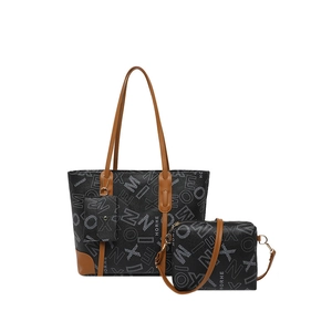 Three-piece vintage print tote bag set with shoulder bag and small coin purse in black brown