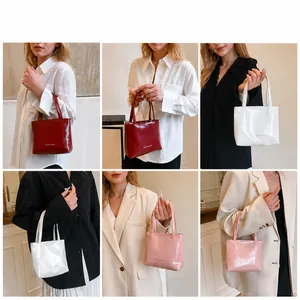 Tre borse minimaliste in pelle verniciata bordeaux, bianco e rosa mostrate da una modella