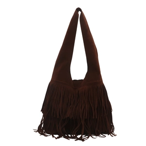 Bohemian dark brown faux suede tote bag with double-layered long fringe tassels