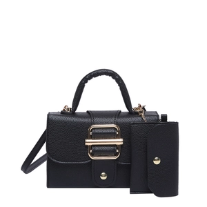 Black litchi grain handbag set with large gold buckle and matching mini pouch