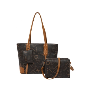 Sac cabas vintage marron imprimé lettres avec pochette bandoulière assortie