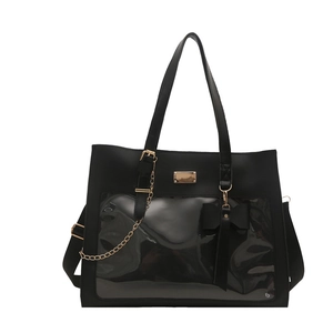 Classic black vintage tote bag with large clear PVC window and decorative gold chain