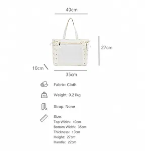 Size chart showing large canvas tote bag dimensions 40x27x10cm with strap details