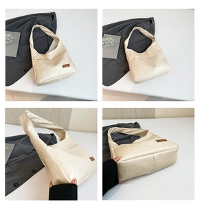 Detailed four-way view showing the front, back, side, and base of beige faux leather tote