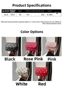Detailed size specifications and color comparison of the mini polka dot square crossbody bag