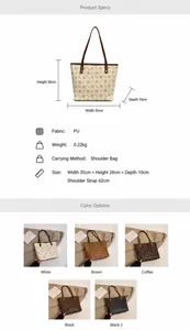 Detailed size chart and specifications for PU leather tote bag with various color options