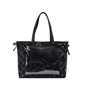 Black Japanese style clear ita tote bag with ribbon lacing and ruffled texture design