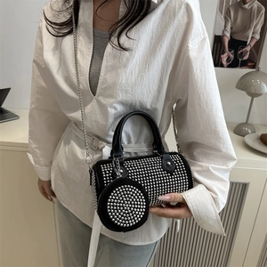 Sac cylindrique noir à strass pour femme avec mini pochette ronde et bandoulière large