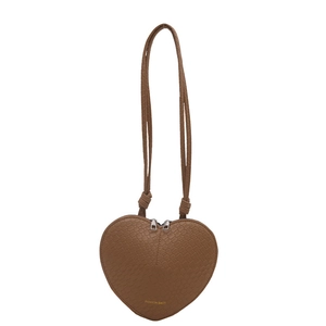 Brown heart-shaped crossbody bag with crocodile texture and double zipper closures