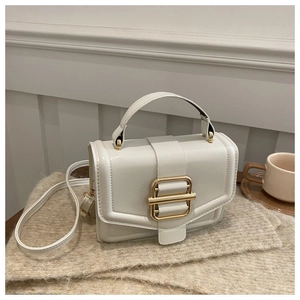 Detailed view of the elegant beige faux leather texture and gold buckle on small handbag