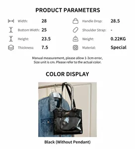 Detailed dimensions of the black tote bag with transparent pocket and product weight