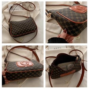Detail shots of brown monogram shoulder bag showing interior capacity and embossed G logo