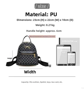Detailed size chart for the black quilted PU leather mini backpack with dimensions
