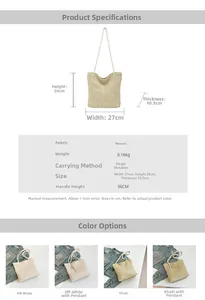 Size chart showing straw tote bag dimensions 28x27x10.5cm and material details
