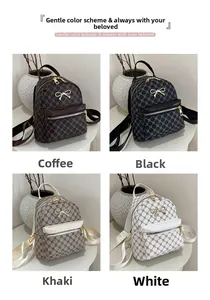 Collage of four vintage patterned mini backpacks with golden bow accents in varied colors