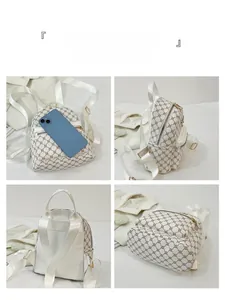 Detailed views of mini backpack with vintage pattern and smartphone for scale reference