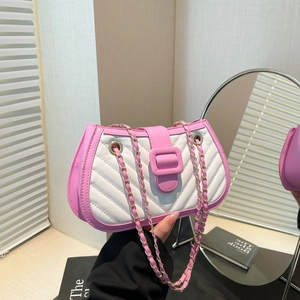 Pink and white quilted chain shoulder bag for women with chic gold buckle and crossbody strap