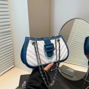 Elegant white and blue patchwork chain shoulder bag with stylish V-shaped quilting