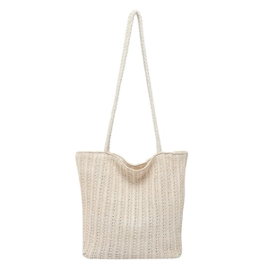 Minimalist straw woven shoulder tote bag with vertical stripes in elegant cream white