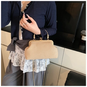 Détail du sac tressé avec poignée dorée, bandoulière chaîne et fermoir en métal