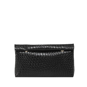 Minimalist black woven leather clutch bag with elegant golden metal ring buckles
