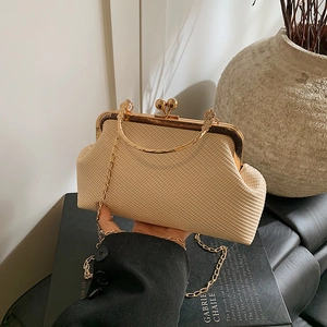 Sac Bandoulière Vintage en PU à Texture Tissée Pour Femmes Avec Poignée en Métal Bandoulière Chaîne Dorée Pochette de Soirée Élégante