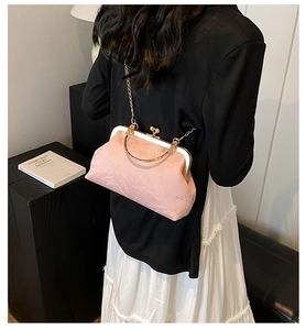 Detail der rosa Clasp-Cloud-Bag mit Struktur und goldener Kette an einem Modell
