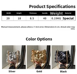 Detailed size chart and multi-color options for the sequined chain crossbody bag