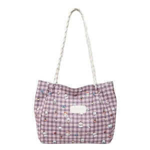 Pink checkered cartoon puppy tote bag with woven handles and spacious shoulder design