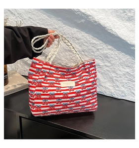 Fashionable red striped cartoon cherry tote bag with white woven handles for women