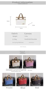 Detailed size specifications for canvas tote bag with 30cm handle and multiple color options