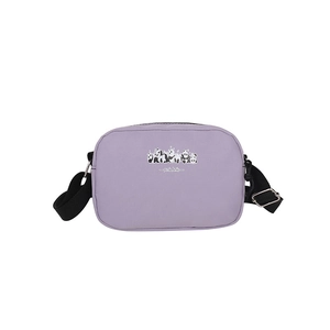 Fashionable purple canvas crossbody bag with cute panda family print and black strap