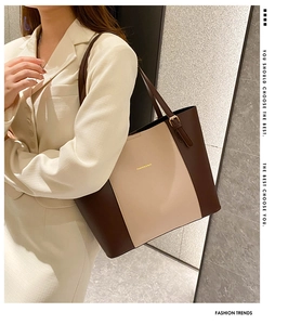 Detail of two-tone brown and beige tote bag featuring Fashion & Bag text and buckle