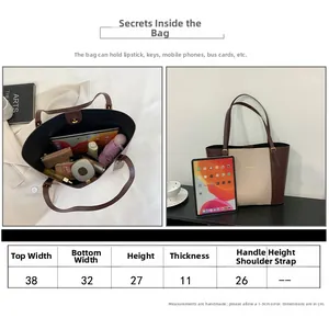 Detailed size guide and capacity chart for large capacity solid color tote handbag