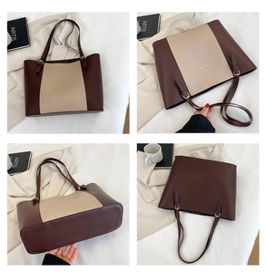 Detailed views of the two-tone leather tote bag with adjustable straps and gold logo