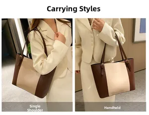 Detail showing two carrying styles of the color-block tote bag on shoulder and in hand