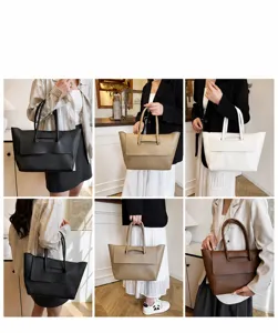 Vistas detalladas de los bolsos tote de cuero minimalistas combinados con diferentes atuendos