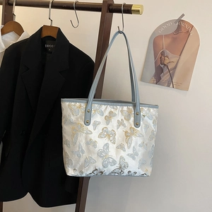 Large capacity tote bag with elegant butterfly embroidery and light blue leather straps