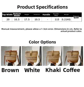 Size chart showing dimensions and colors for the woven bucket bag with PU handles