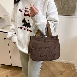 Bruine corduroy draagtas met cartoonbeer print en Smile tekst voor dames mode