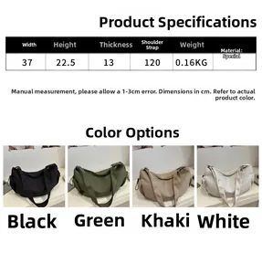 Size specifications and four color options for the large nylon crossbody crescent bag