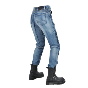 Detail of motorcycle denim jeans with elastic pleats and side zipper pocket