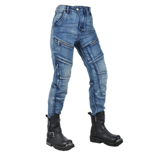 Detail of blue wash motorcycle jeans featuring protective knee pleats and tactical zip pockets