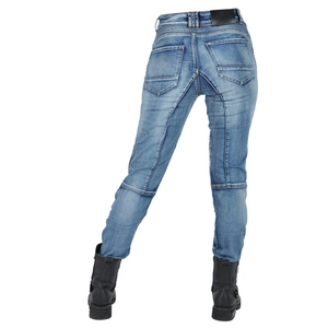 Back view of women's vintage washed motorcycle jeans with reinforced stitching and slim fit