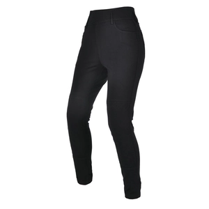 Detail of high-waisted motorcycle pants showing reinforced knee padding and slim fit design