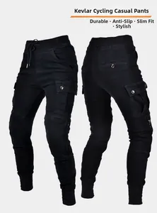Détails de l'avant et de l'arrière du pantalon de moto en Kevlar avec genoux renforcés