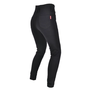 Detail of high-waisted motorcycle pants with reinforced seams and red pocket label