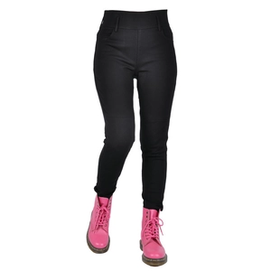 Women's black slim-fit motorcycle pants with high-waist design and protective knee stitching