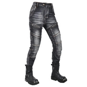 Vintage washed grey motorcycle jeans for women with Kevlar protection and zippers