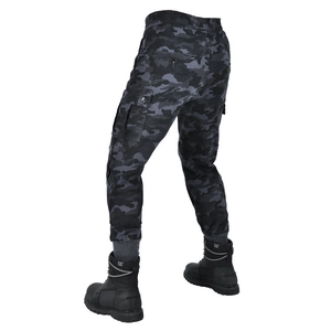 Detail of grey camo motorcycle pants with cargo pockets and elastic ribbed cuffs